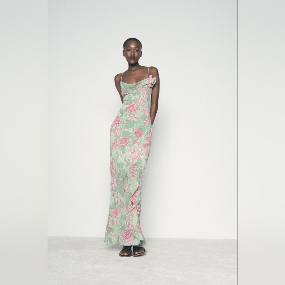 NWT ZARA FLORAL PRINT SLIP DRESS GREEN AND PINK - Picture 6 of 16